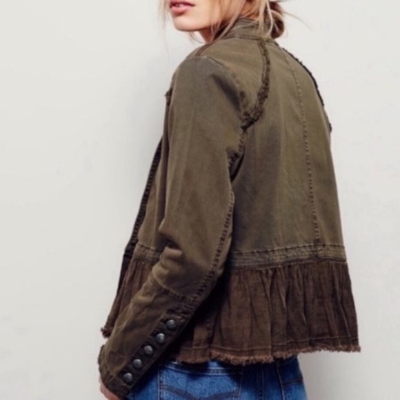 Free People Ruffle Hem Military Jacket Size S Double Breasted Peplum Green - Picture 3 of 11
